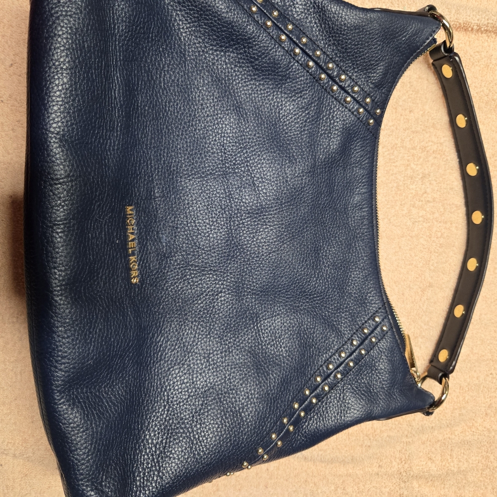 Michael Kors Navy Blue Leather Studded Shoulder Bag with Gold Hardware
